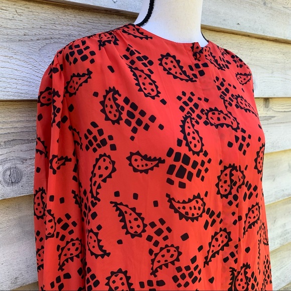 Vintage 80s Orange Block Paisley Print Long Puff Sleeve Button Down Popover Top - Picture 4 of 16